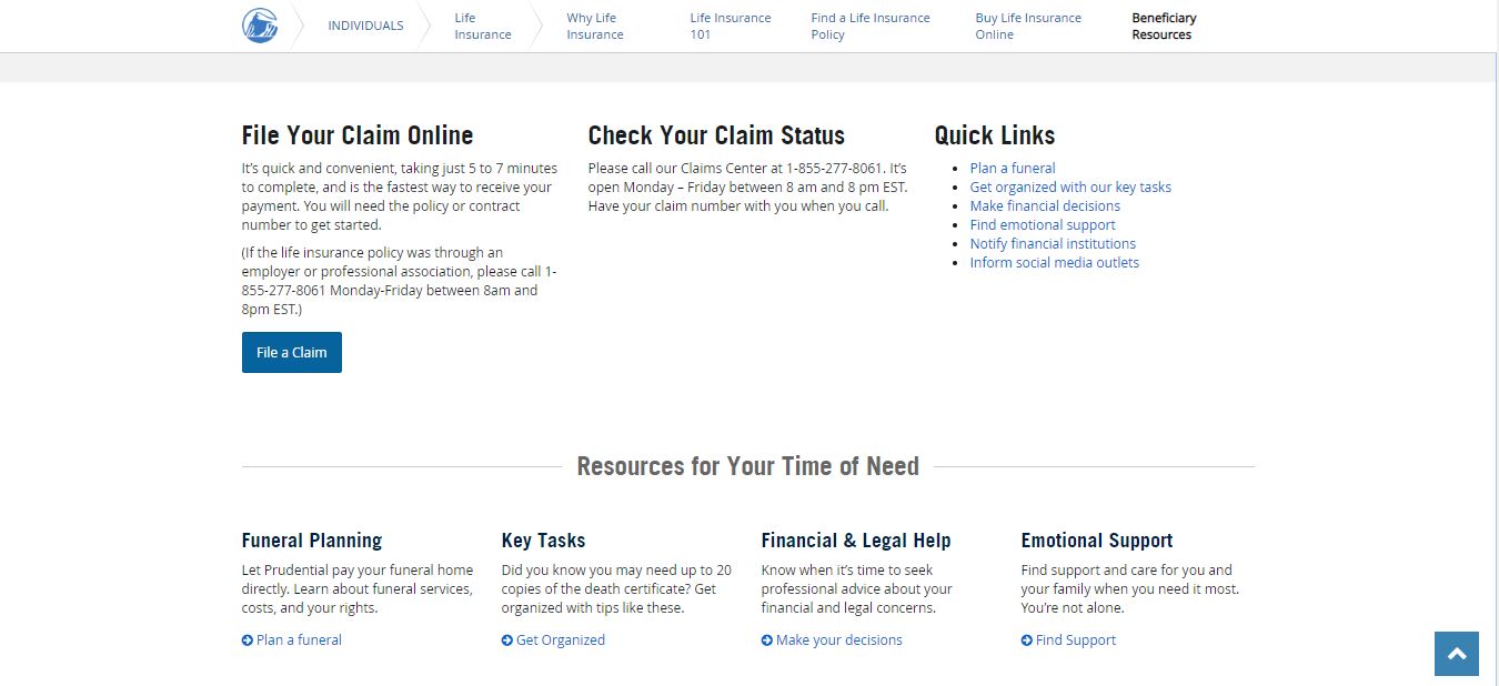 Prudential website beneficiary resource page.