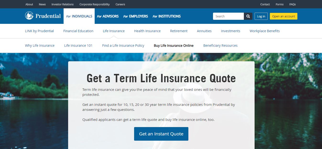 Prudential website Get an Instant Quote screen.